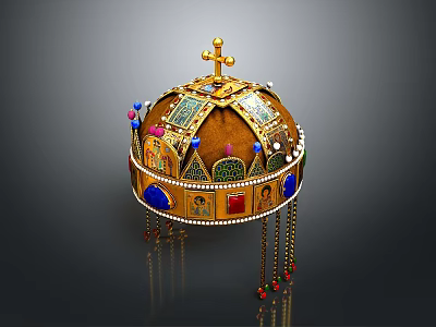 Elaborate Golden Crown Sculpture Decorated With Cross Colorful Gemstones And Tassels 3d model