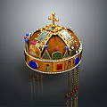 Elaborate Golden Crown Sculpture Decorated With Cross Colorful Gemstones And Tassels