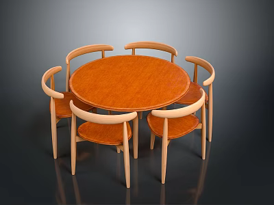 Round Wooden Dining Table Set With Six Chairs And Curved Armrests 3d model