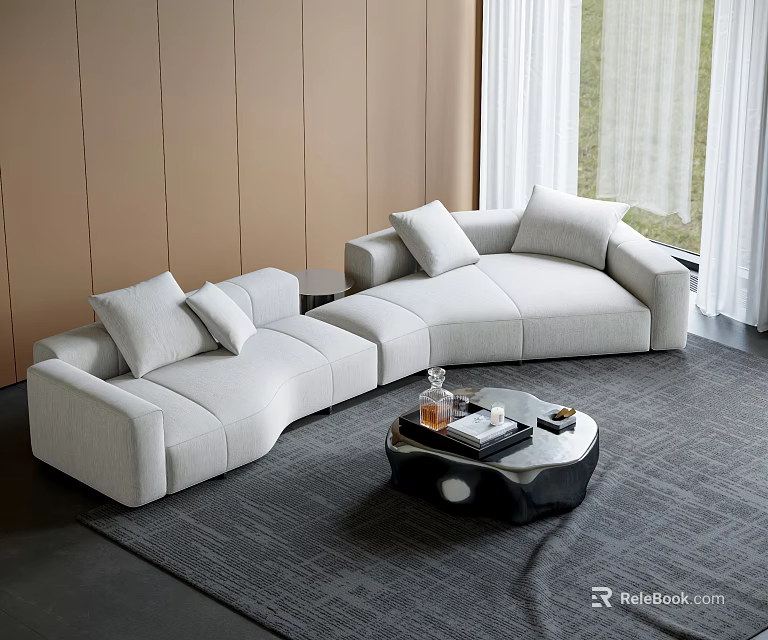 Modern Light Gray L Shaped Sofa and Round Coffee Table Set with Decorative Pillows 3d model 
