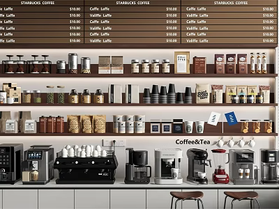 Cafe Interior With Wooden Menu Board Various Coffee Machines Coffee Cups And Jars On Counter 3d model