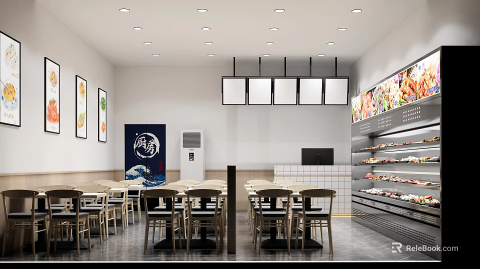 Modern Restaurant Interior With Wooden Tables Chairs Wall Art And Menu Display Shelves 3d model 
