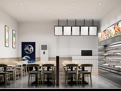 Modern Restaurant Interior With Wooden Tables Chairs Wall Art And Menu Display Shelves 3d model