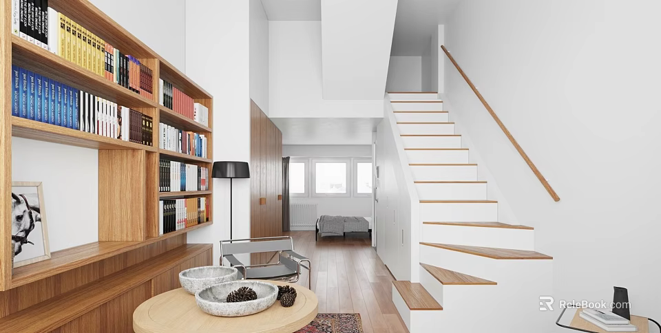 Minimalist Duplex Living Room Interior With Wooden Bookshelves And Staircase 3d model 