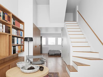 Minimalist Duplex Living Room Interior With Wooden Bookshelves And Staircase 3d model