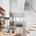 Minimalist Duplex Living Room Interior With Wooden Bookshelves And Staircase