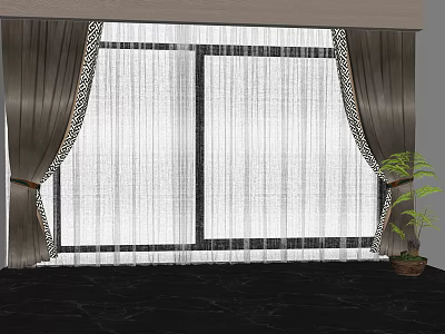 Elegant White Sheer Curtains With Dark Outer Panels And Decorative Tiebacks For Window 3d model