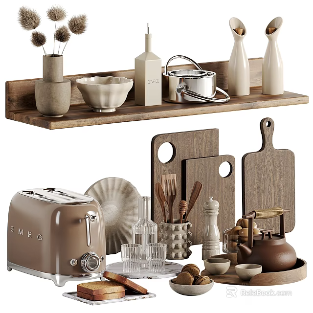 Essential Kitchen Cooking Utensils With Wooden Shelf Toaster Chopping Boards Bowls And Teapot 3d model 