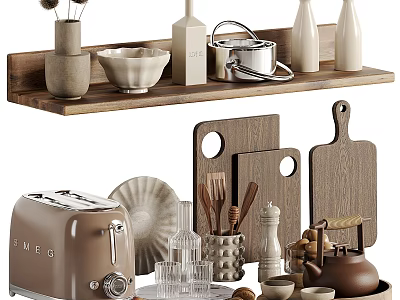 Essential Kitchen Cooking Utensils With Wooden Shelf Toaster Chopping Boards Bowls And Teapot 3d model