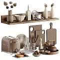 Essential Kitchen Cooking Utensils With Wooden Shelf Toaster Chopping Boards Bowls And Teapot