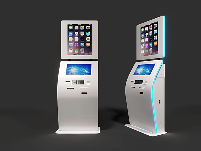 Public Facility Featuring Two White Self-Service Kiosks with Interactive Screens and Control Panels 3d model