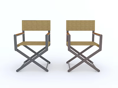 Two Beige Fabric Leisure Chairs With Wooden Armrests And Metal Cross Legs 3d model