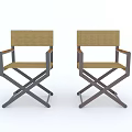 Two Beige Fabric Leisure Chairs With Wooden Armrests And Metal Cross Legs