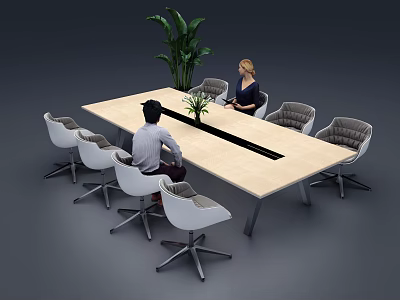 Modern Meeting Table with White and Grey Chairs Green Plant and Two People Sitting 3d model