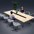 Modern Meeting Table with White and Grey Chairs Green Plant and Two People Sitting