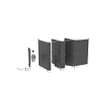 White Toilet in Black Bathroom Stalls with Gray Tile Walls Urinals and Hardware Locks