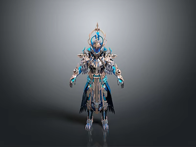Futuristic Silver Blue Mech Figure With Decorative Armor And Crown Headpiece 3d model