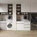 Modern Laundry Room With Washing Machine Dryer Cabinets And Wooden Floor