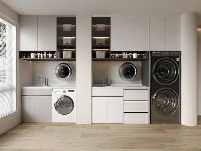 Modern Laundry Room With Washing Machine Dryer Cabinets And Wooden Floor 3d model