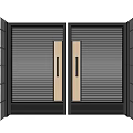 Modern Black Double Gates with Vertical Slats Golden Handles and White Stone Pillars