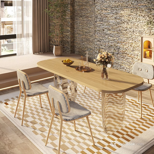 Wooden Dining Table Set With Chairs Fruit Wine Glasses Flower Vase Stone Wall And Rug 3d model 
