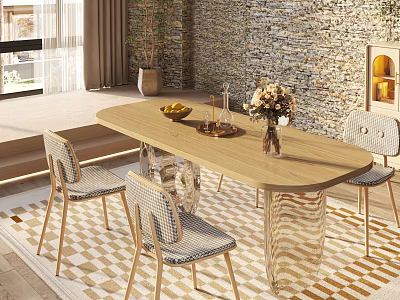 Wooden Dining Table Set With Chairs Fruit Wine Glasses Flower Vase Stone Wall And Rug 3d model