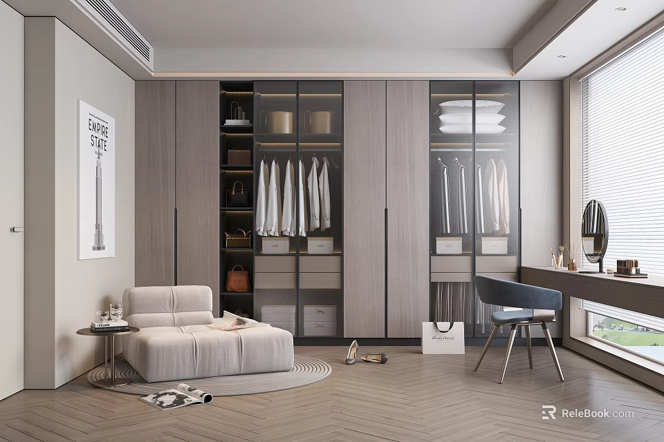 Modern Walk In Closet Interior With Wardrobe Sofa And Vanity 3d model
