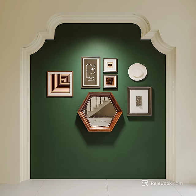 Abstract Paintings On Green Wall With Multiple Framed Artworks And Geometric Design Elements 3d model