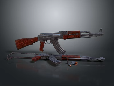 Assault Rifle With Wooden Grip Stock Metal Barrel Magazine And Bullets 3d model