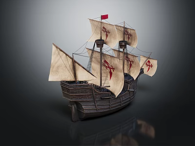 Historical Wooden Sailing Ship with Multiple Sails and Red Emblems 3d model