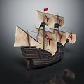 Historical Wooden Sailing Ship with Multiple Sails and Red Emblems 3d model