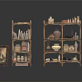 Wooden Shelves Display Various Antique Items Including Clay Pots Small Statues Books And Boxes