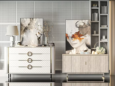 Elegant Modern Console Table And Side Cabinet With Drawers Metal Handles And Decorations 3d model