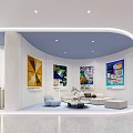 Modern Interior Space With Circular Ceiling Light Bookshelves Central Column And Sofas