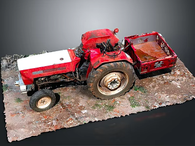 Red Tractor Model With Attached Trailer On Dirt Base And Weeds 3d model