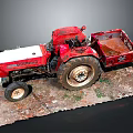 Red Tractor Model With Attached Trailer On Dirt Base And Weeds 3d model