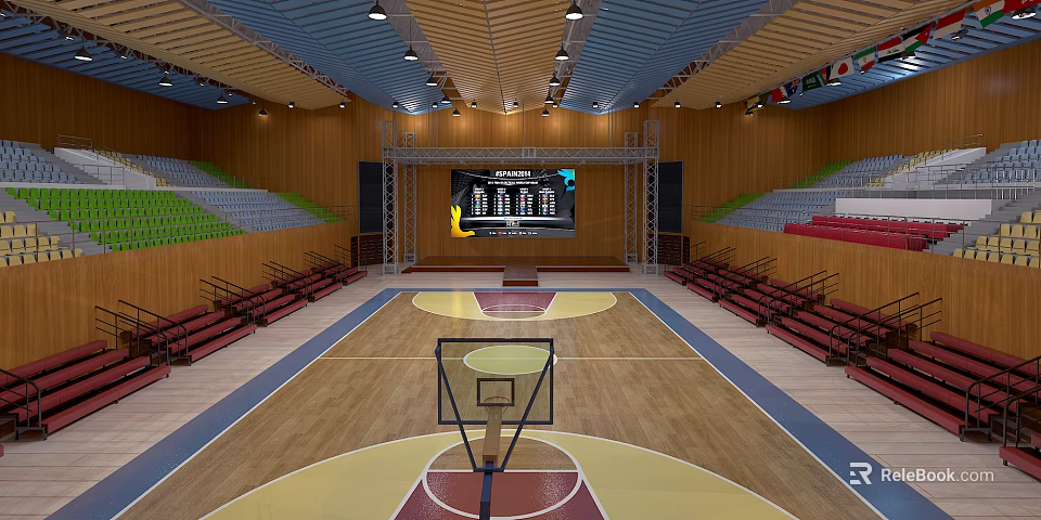 Spacious Basketball Gymnasium Interior With Wooden Floor Green Red Bleachers Scoreboard And Ceiling Lighting 3d model 
