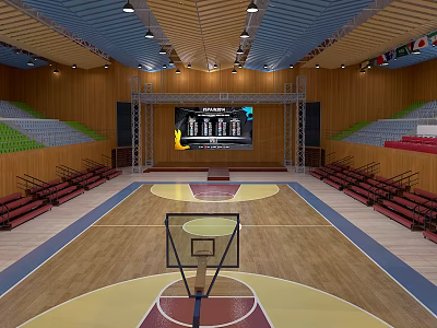 Spacious Basketball Gymnasium Interior With Wooden Floor Green Red Bleachers Scoreboard And Ceiling Lighting 3d model