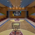 Spacious Basketball Gymnasium Interior With Wooden Floor Green Red Bleachers Scoreboard And Ceiling Lighting