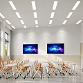 Modern School Classroom With SEEWO Smart Screen Whiteboard And Student Desks Chairs