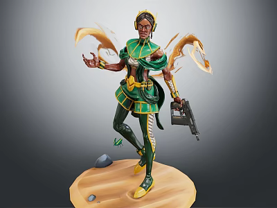 Female Warrior with Green Gold Armor and Yellow Energy Ribbons Holding Gun on Sand Base 3d model
