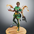 Female Warrior with Green Gold Armor and Yellow Energy Ribbons Holding Gun on Sand Base