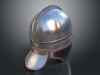 Medieval Knight Battle Helmet With Silver Metal Surface And Leather Trim 3d model