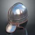 Medieval Knight Battle Helmet With Silver Metal Surface And Leather Trim