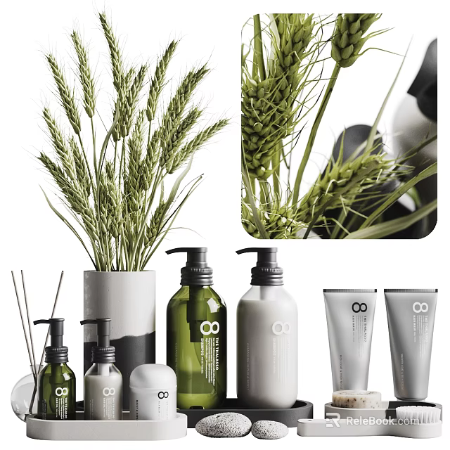 Natural Skincare Products With Wheat Stalks In Glass Bottles And White Containers 3d model 