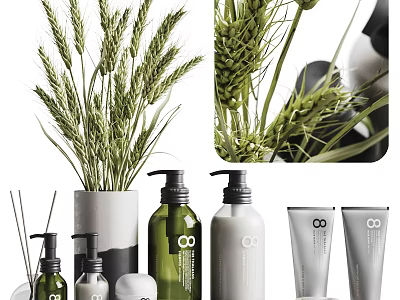 Natural Skincare Products With Wheat Stalks In Glass Bottles And White Containers 3d model
