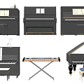 Musical Instruments and Art Supplies Featuring Various Pianos Keyboard Sheet Music and Stools