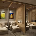 SPA Sauna Interior Design With Wooden Partitions Cozy Loungers And Decorative Paintings