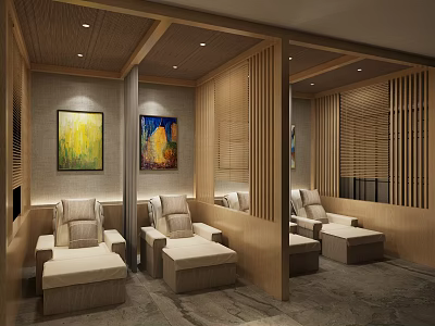 SPA Sauna Interior Design With Wooden Partitions Cozy Loungers And Decorative Paintings 3d model