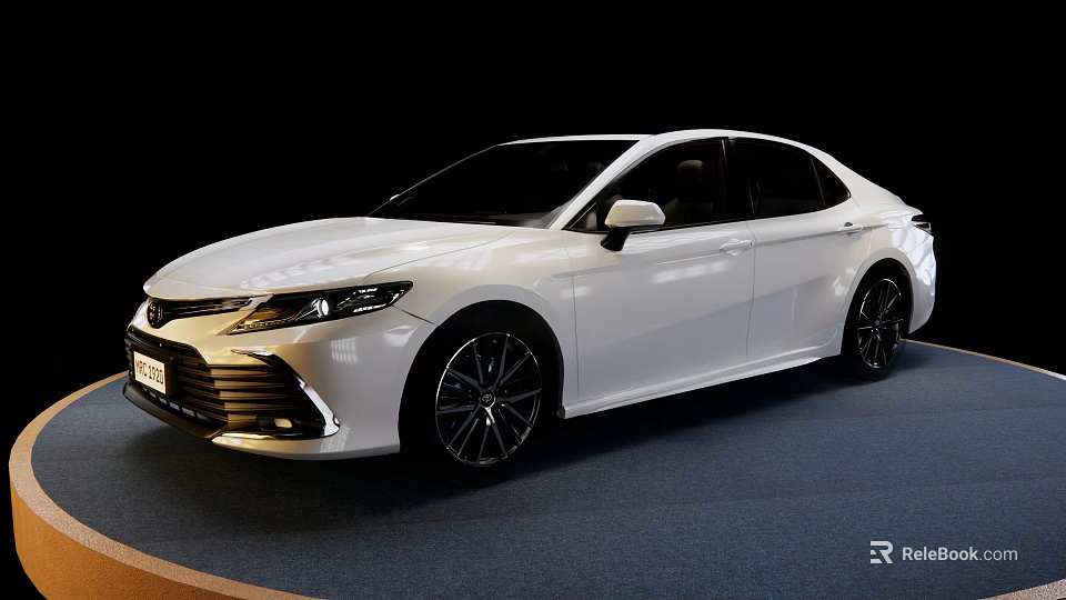 White Toyota Camry Sedan on Blue Display Stand with Black Background 3d model 